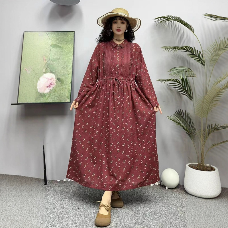 2025 Spring and Autumn Cotton and Linen Floral Dress Lapel Long Sleeve Waist Drawstring Extra Long Women's Long Dress Wholesale