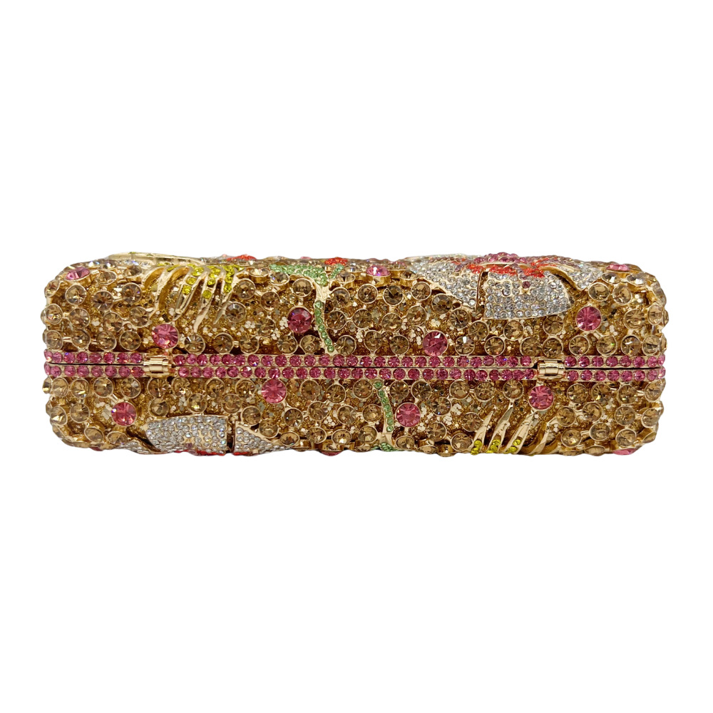 Túi clutch dạ hội nạm kim cương hoa hộp kim loại cứng — màu vàng chi tiết 1