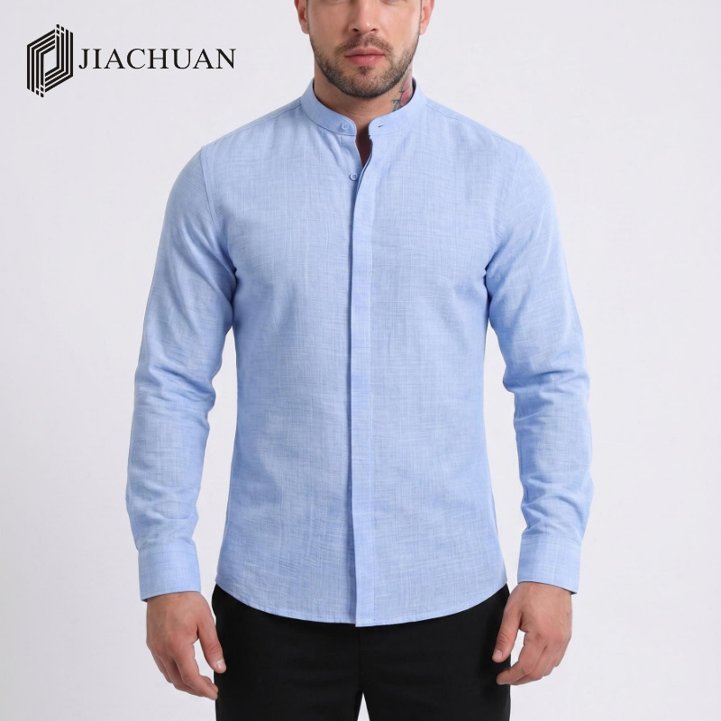 Jiachuan Apparel's cross-border bestseller: men's long-sleeve, non-iron, wrinkle-resistant, business-casual shirt with a linen-like stand-up collar
