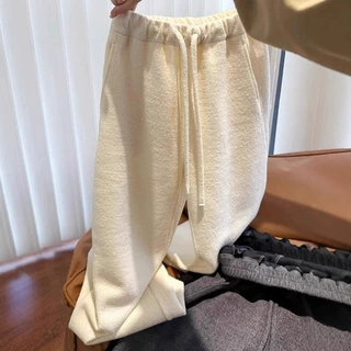 奶白色软糯休闲裤女秋冬宽松抽绳糯米毛巾裤裤高腰垂坠感直筒长裤