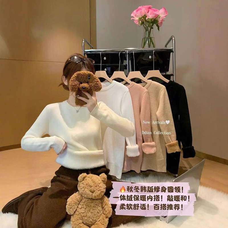 Chuzhiwen Autumn and Winter Velvet Inner Thickeneded Round Neck Top Women's Design One-Piece Velvet Knitwear Knitwear Top