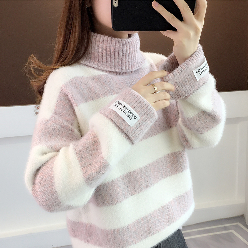 Suéter de las mujeres espesado invierno 2024 nuevo Otoño y ropa de invierno de cuello alto a rayas visón terciopelo top de punto camisa de fondo
