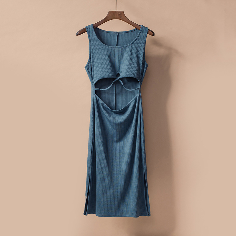 欧美新款连衣裙女夏腰节镂空针织裙子跨境纯色休闲性感包臀连衣裙