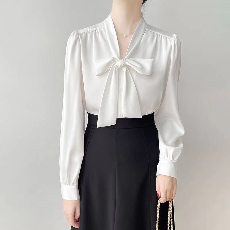 French Women's Bow Satin Long-Sleeved Shirt Women's Spring Style Niche Commuting Professional Temperament Ribbon Top