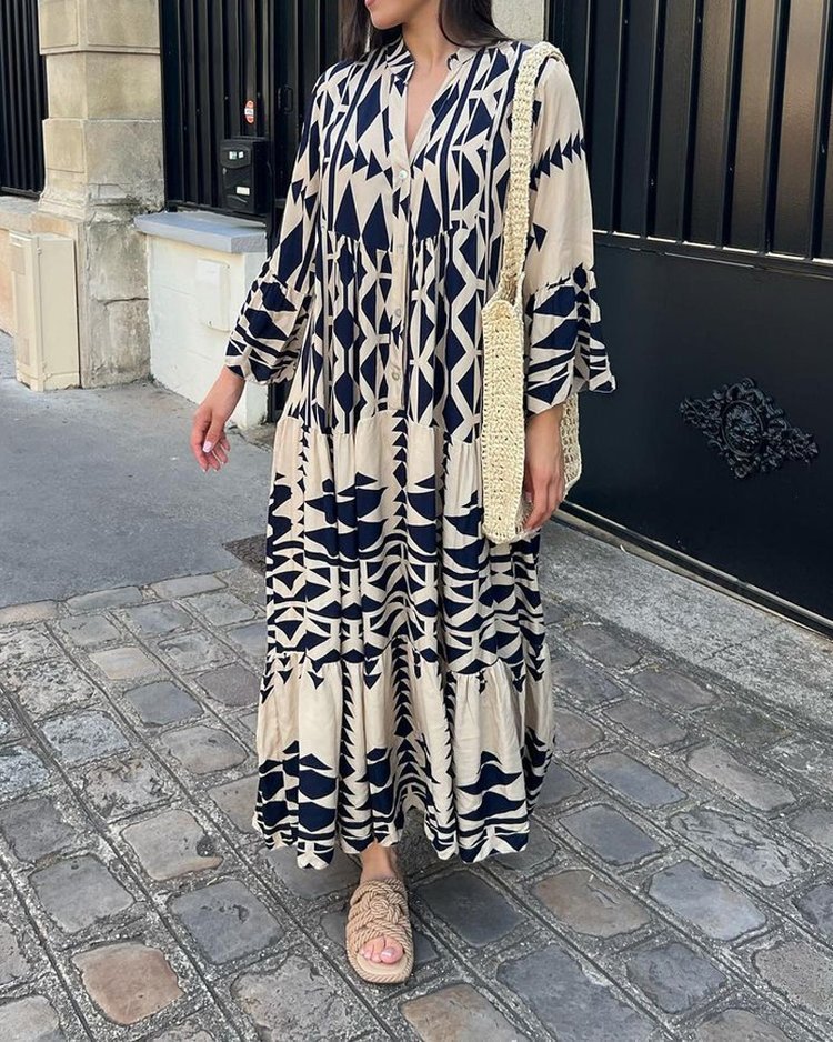 Women's A-line Skirt Bohemian Standing Collar Printing Pleated Long Sleeve Geometric Maxi Long Dress Holiday display picture 5