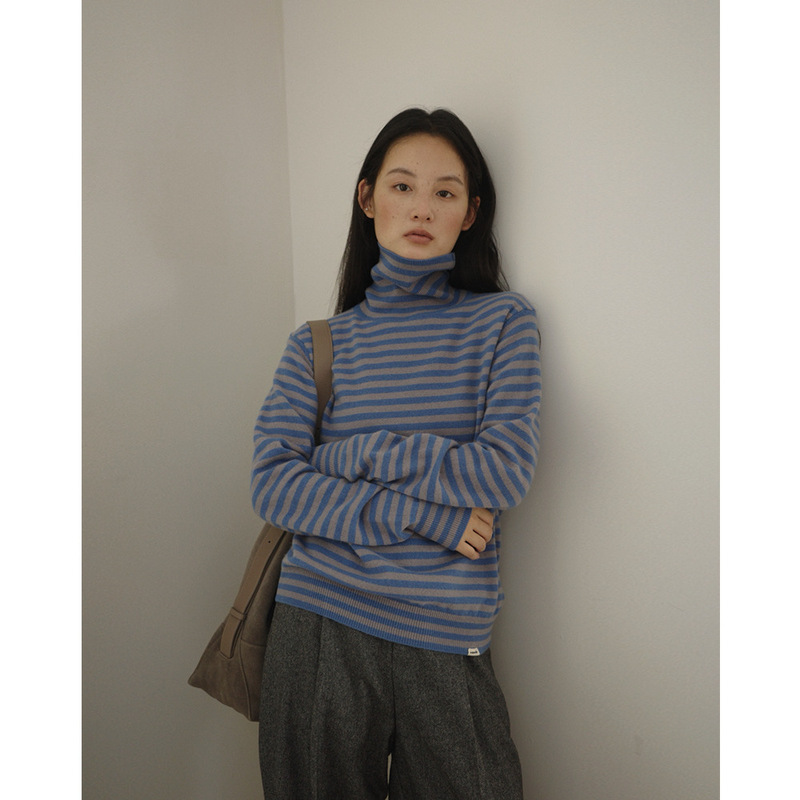 Evertrue 100% Wool Autum Korean Knitted Sweater Stripesd High Collar Women's Long-Sleeved Jacket 35263