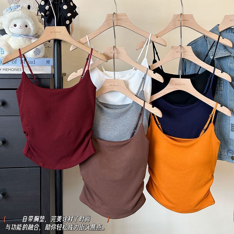 Factory Direct Sales Cross-Border Popular Autumn and Winter Brushed Side Waist Pleated Slimming Camisole with Breast Pads for Women to Wear Outside and Inside