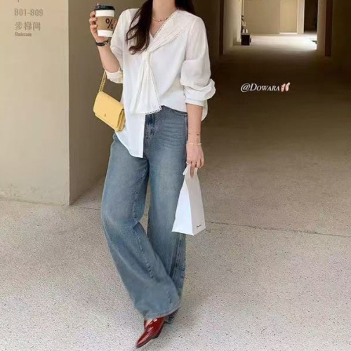 Women's Spring Micro Plus Size Slimming French White Collared Blouse with Lace Trim Navy Design Sensory Top