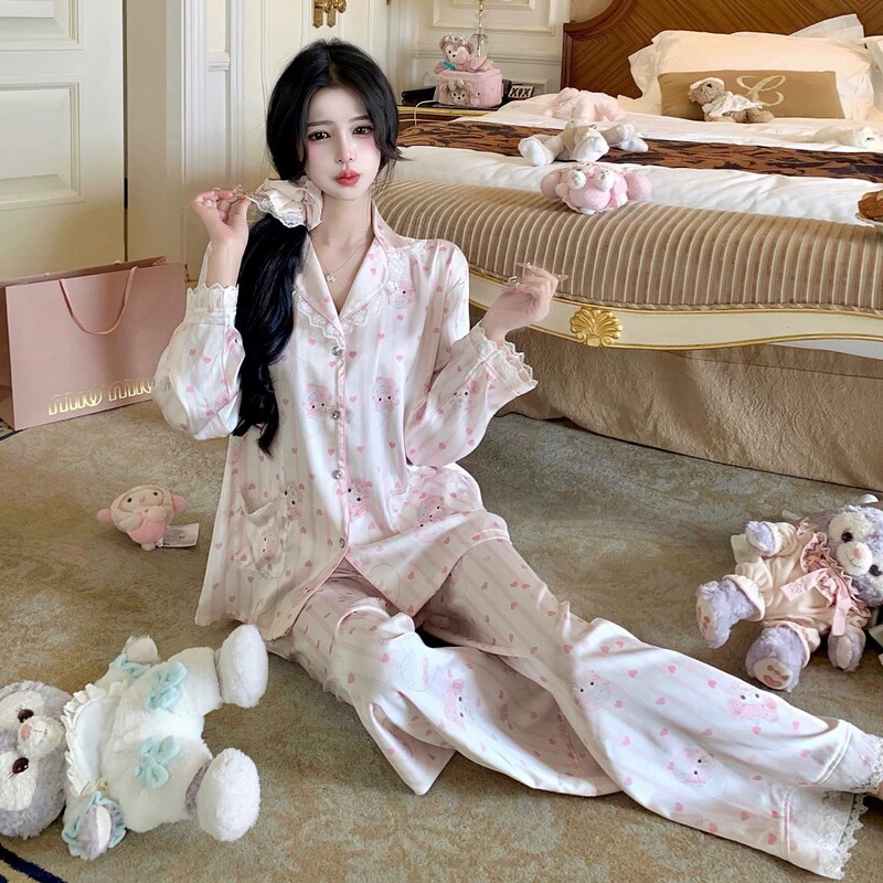 Ice Silk Satin Pajamas for Women, New Spring and Autumn Style, Lapel Lace Trim, Long-Sleeve Long Pants, Ice Silk Loungewear Set