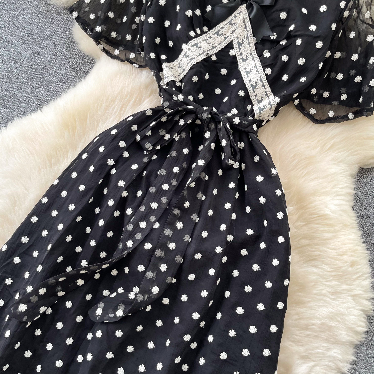Black Polka Dot Mesh Dress For Women V Neck Short Sleeve High Waist Slimming A Line Long Skirt Ladylike Summer Style_ecoleips.com