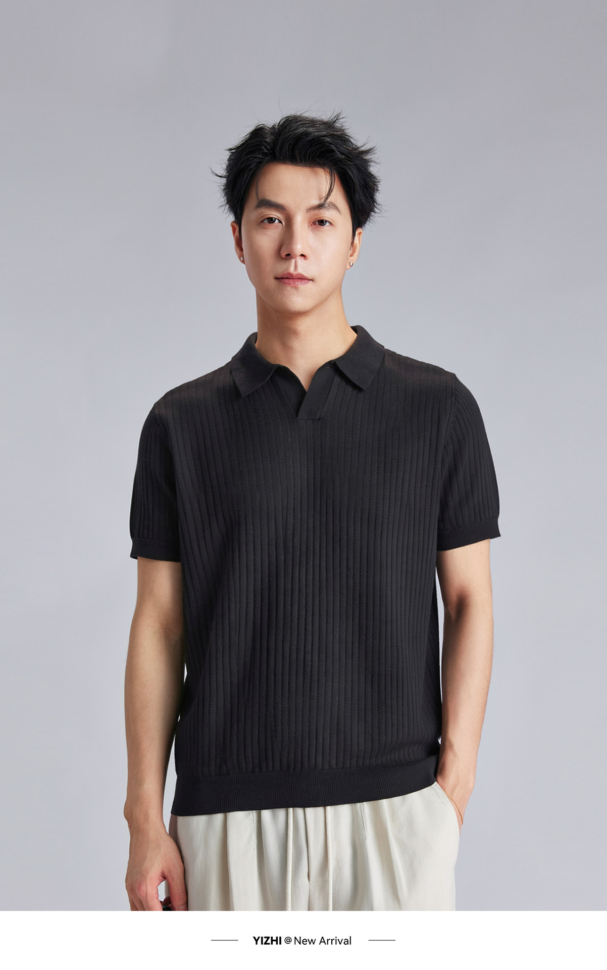 Áo polo nam dệt kim phong cách cổ điển tay ngắn — đen chi tiết 14