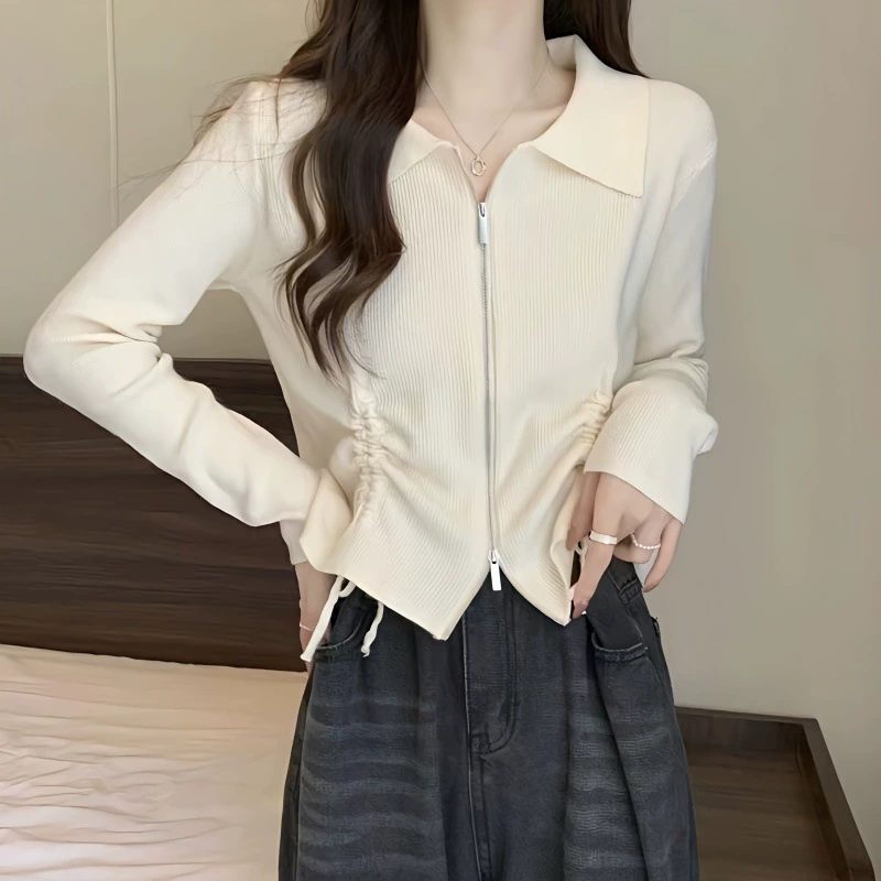 Женский трикотажный кардиган с воротником-стойкой, застежкой-молнией и завязками, весна-осень 2025, новый дизайн, укороченный, приталенный