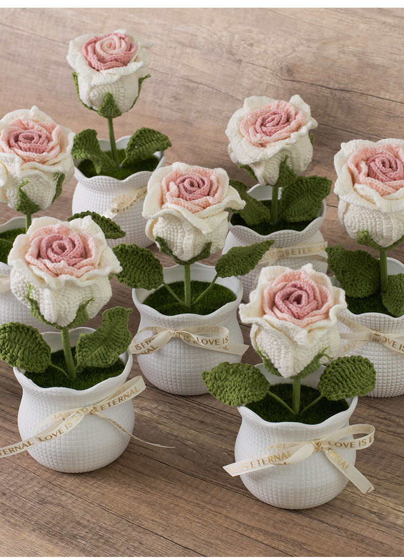 Ready-made hand-knitted rose artificial flower potted plants, office desktop potted plants, knitted flower ornaments, artificial flowers wholesale pic 14