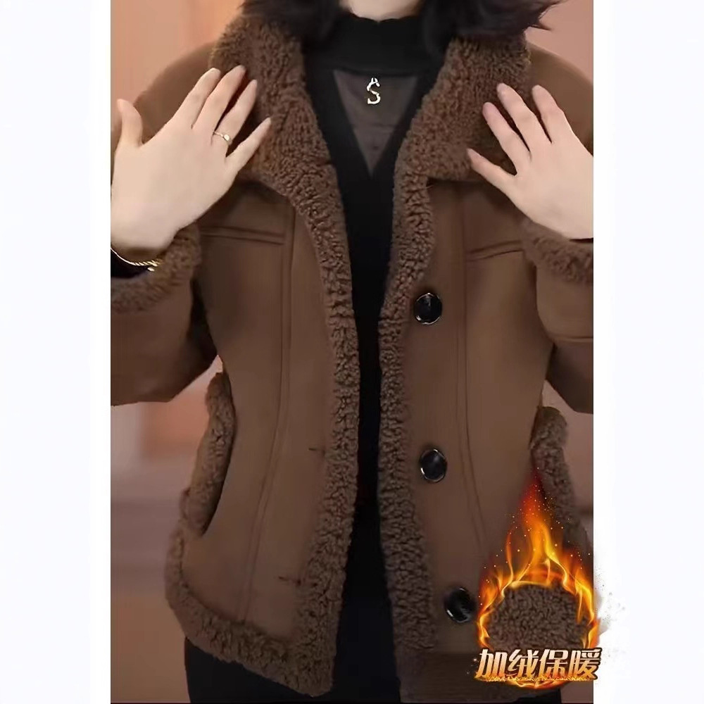 Dropshipping 2025 New Popular Coffee-Colored Biker Jacket One-Piece Petite Short Lamb Wool Coat for Women Winter