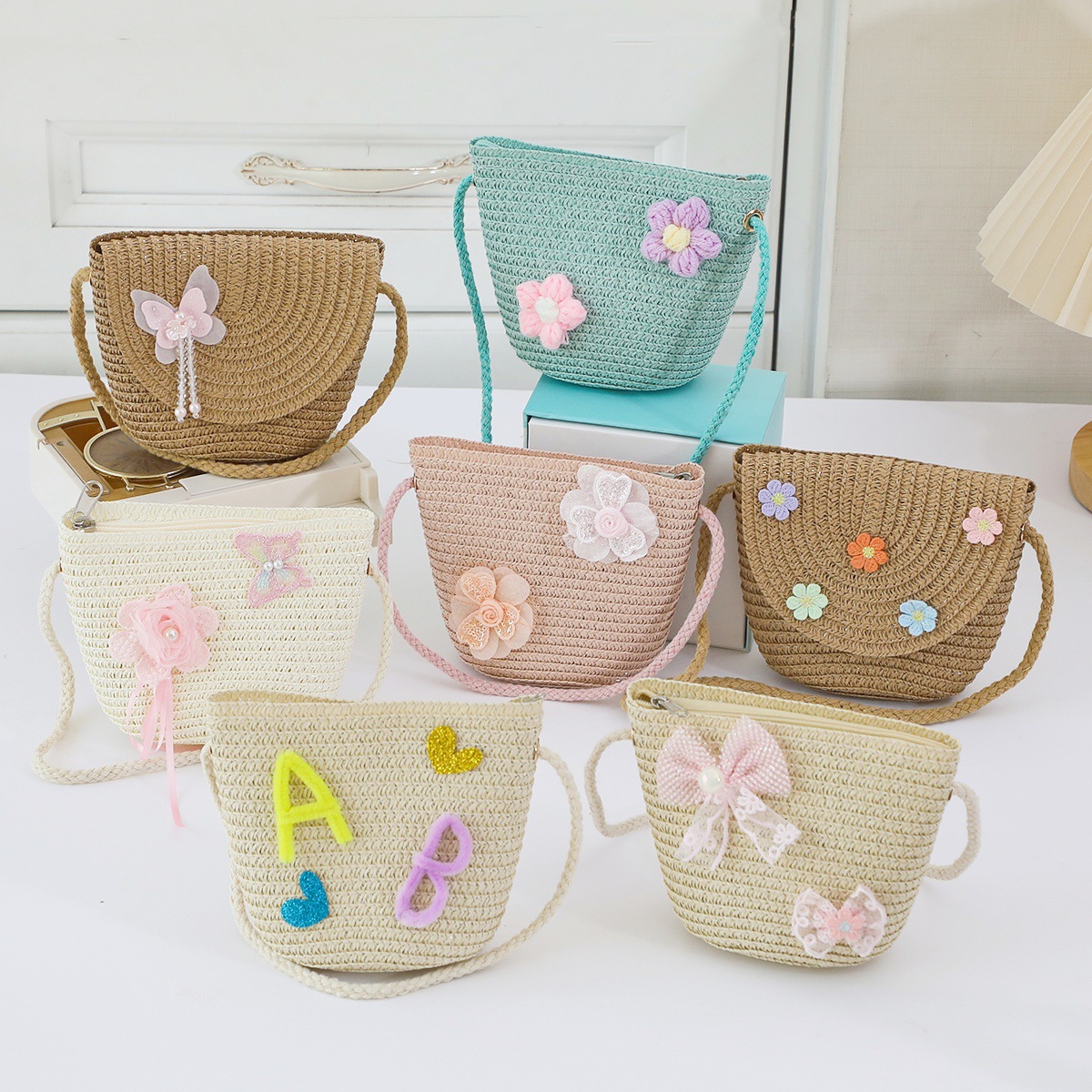 Trendy Sun Protection Beach Hat Summer Children's Crossbody Straw Bag Woven Sun Hat for Girls Baby Small Bag Cross-Border Shipping