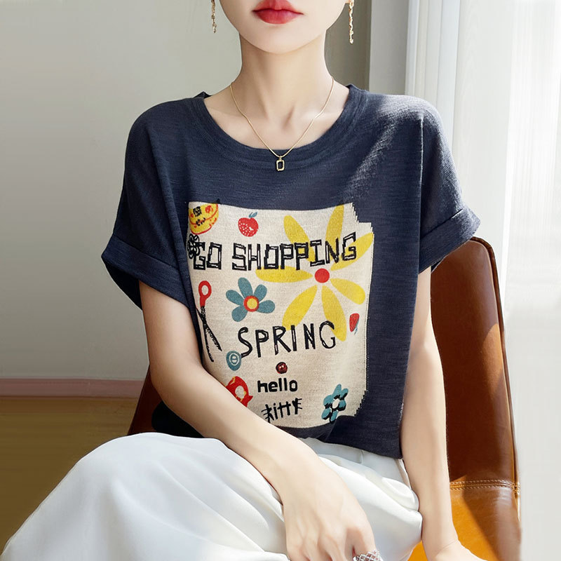 【メーカー直送】夏新作ラウンドネックテンセル半袖Tシャツレディースゆったり着痩せアイスシルクシャツショートトップ|undefined