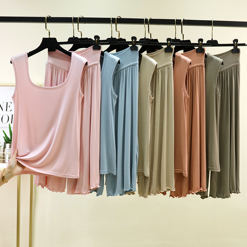 Summer Modal Double U-Neck Wide-Shoulder Tank Top with Ruffled Edges, Cropped Straight-Leg Pants, Plus-Size Loose Casual Loungewear Summer Modal Double U-Neck Wide-Shoulder Tank Top with Ruffled Edges, Cropped Straight-Leg Pants, Plus-Size Loose Casual Loungewear