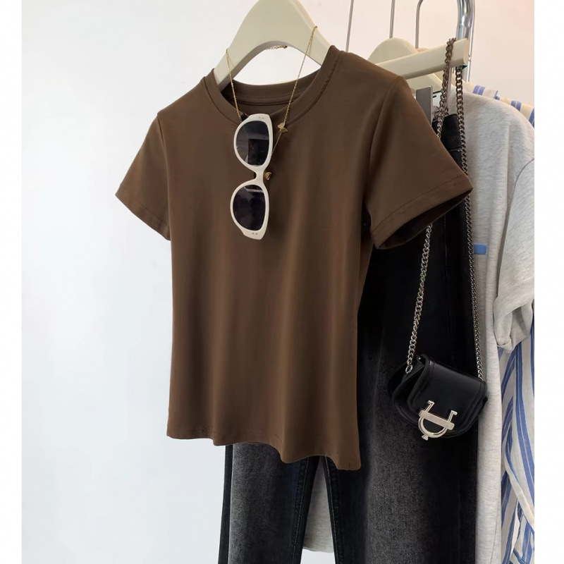 brown Shoulder Short-sleeved T-shirt Women's Summer 2025 New Solid Color Cotton Slim-fit Slimming T-shirt Top