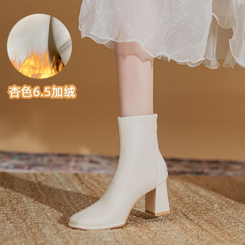 瘦瘦靴白色高跟短靴女2025秋东法式新款配裙子的洋气小短踝靴子|undefined