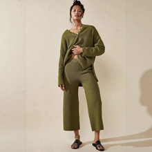 跨境气质新款女装欧美风宽松休闲V领针织衫上衣阔腿裤两件套套装