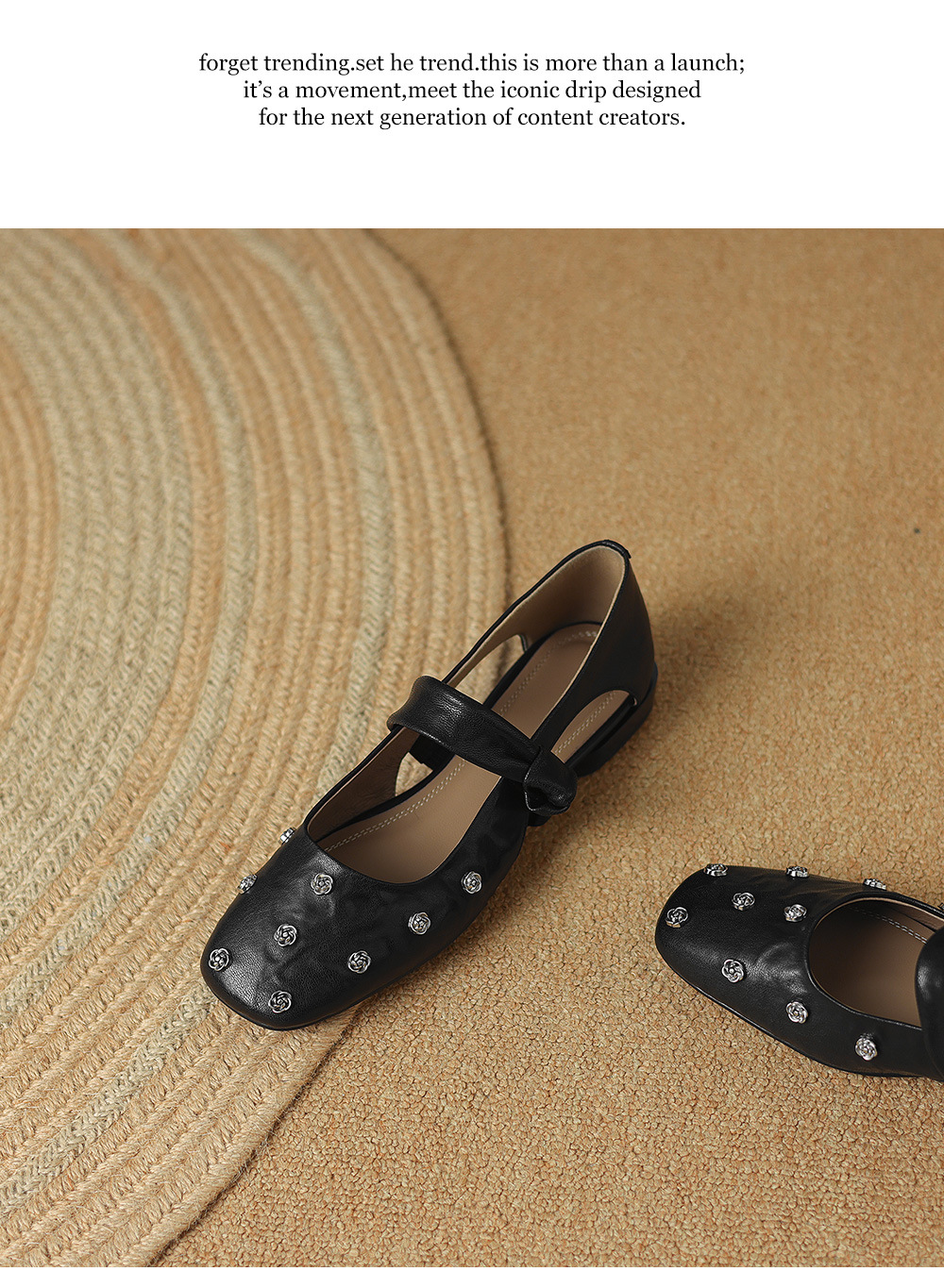Sandal nữ da cừu đinh tán hoa rỗng mũi tròn kiểu ballet quai ngang đế bệt — đen chi tiết 27