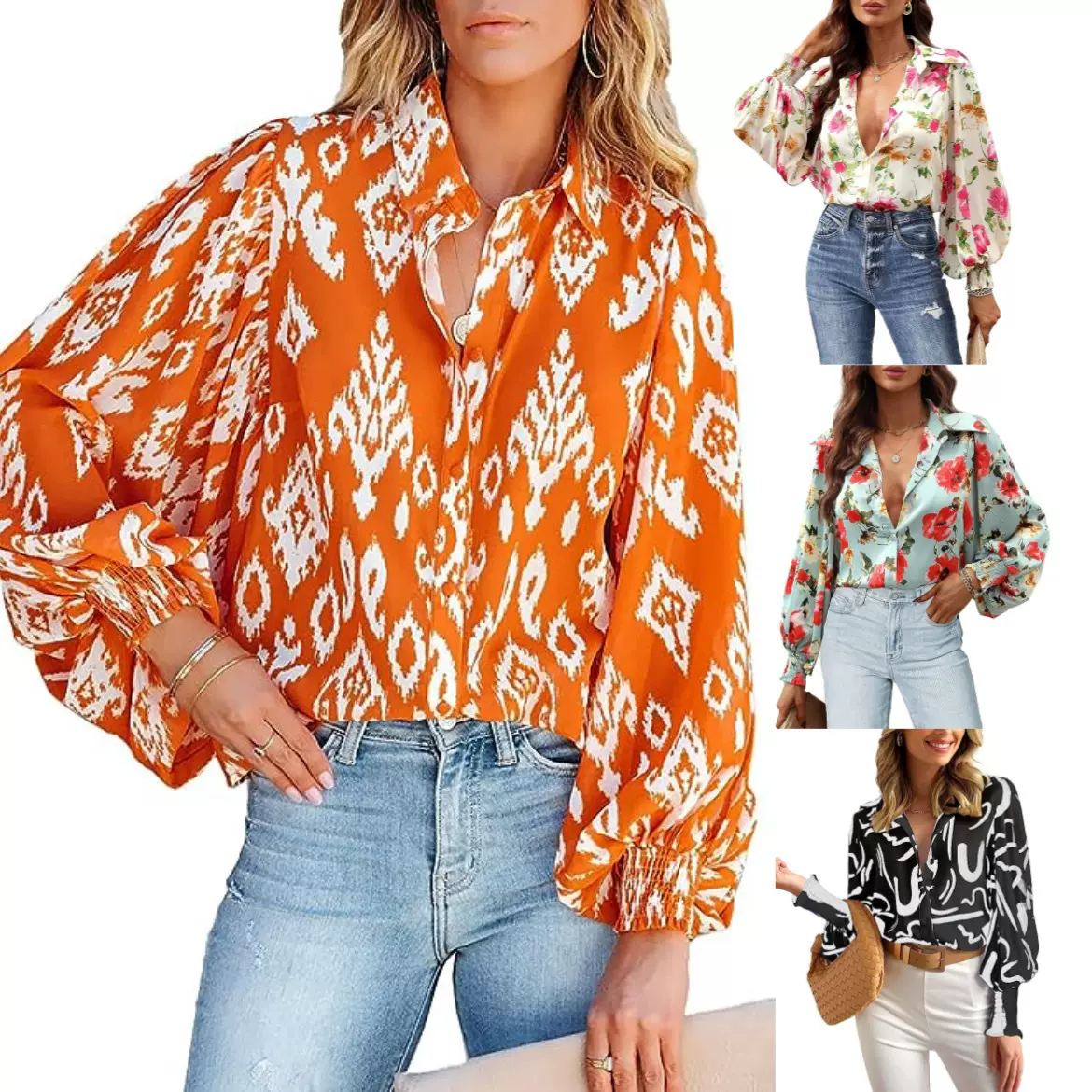 亚马逊2023秋季新款欧美印花长袖上衣INS时尚休闲灯笼袖打缆衬衣