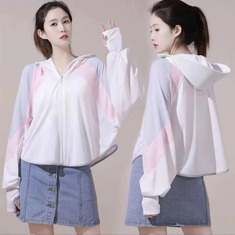 Patchwork Color-Blocking Sun Protection Clothing for Women, New Summer Style, Uv Protection Upf50+, Ice Silk Hooded Sun Protection Clothing, Shawl Cover-Up