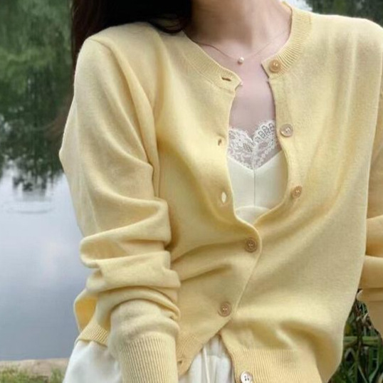 Long-Sleeved Knitted Cardigan Jacket for Women 2025 Autumn New Style New Style Casual Slim Knitted Top Yellow