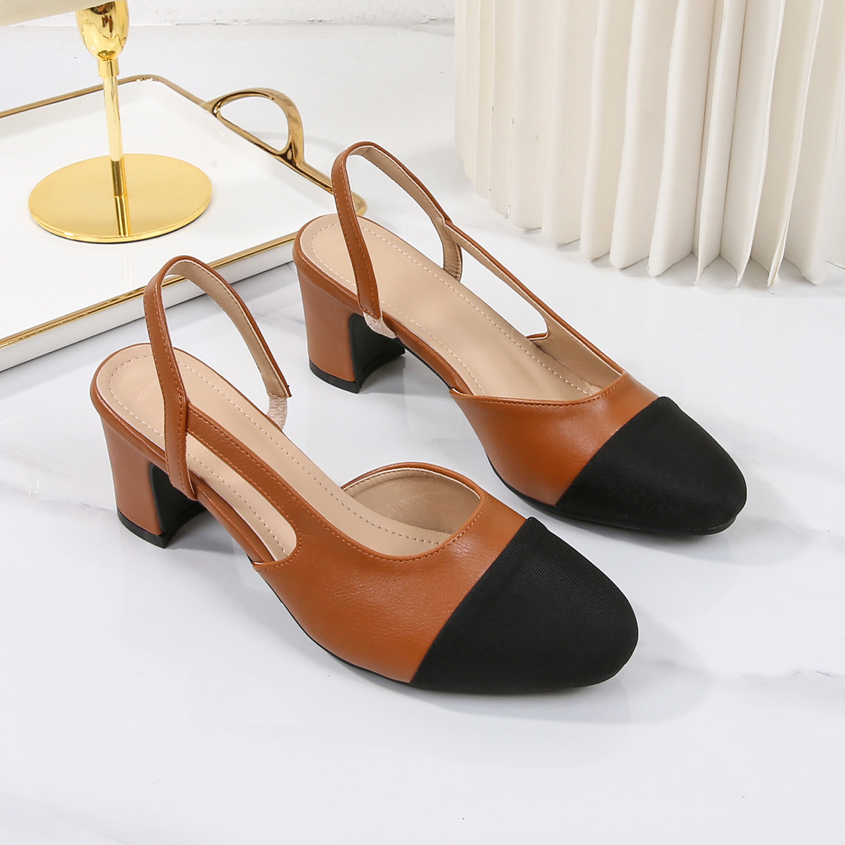 Sandalias cruzadas de tacón medio con punta hueca y bloque de color para mujer, zapatos franceses de tacón alto con punta cuadrada y tacón grueso, zapatos planos de talla grande