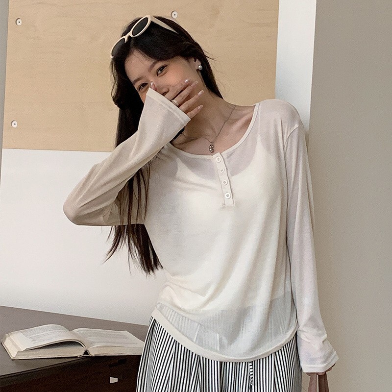 Lyocell Tencel Blouse Long-Sleeved T-Shirt White Loose Sun Protection Base Shirt for Women Summer Thin Inner Wear Half Open Collar Top