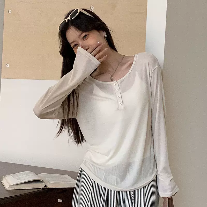 莱赛尔天丝罩衫长袖T恤美式白色宽松防晒打底衫女夏季薄内搭上衣