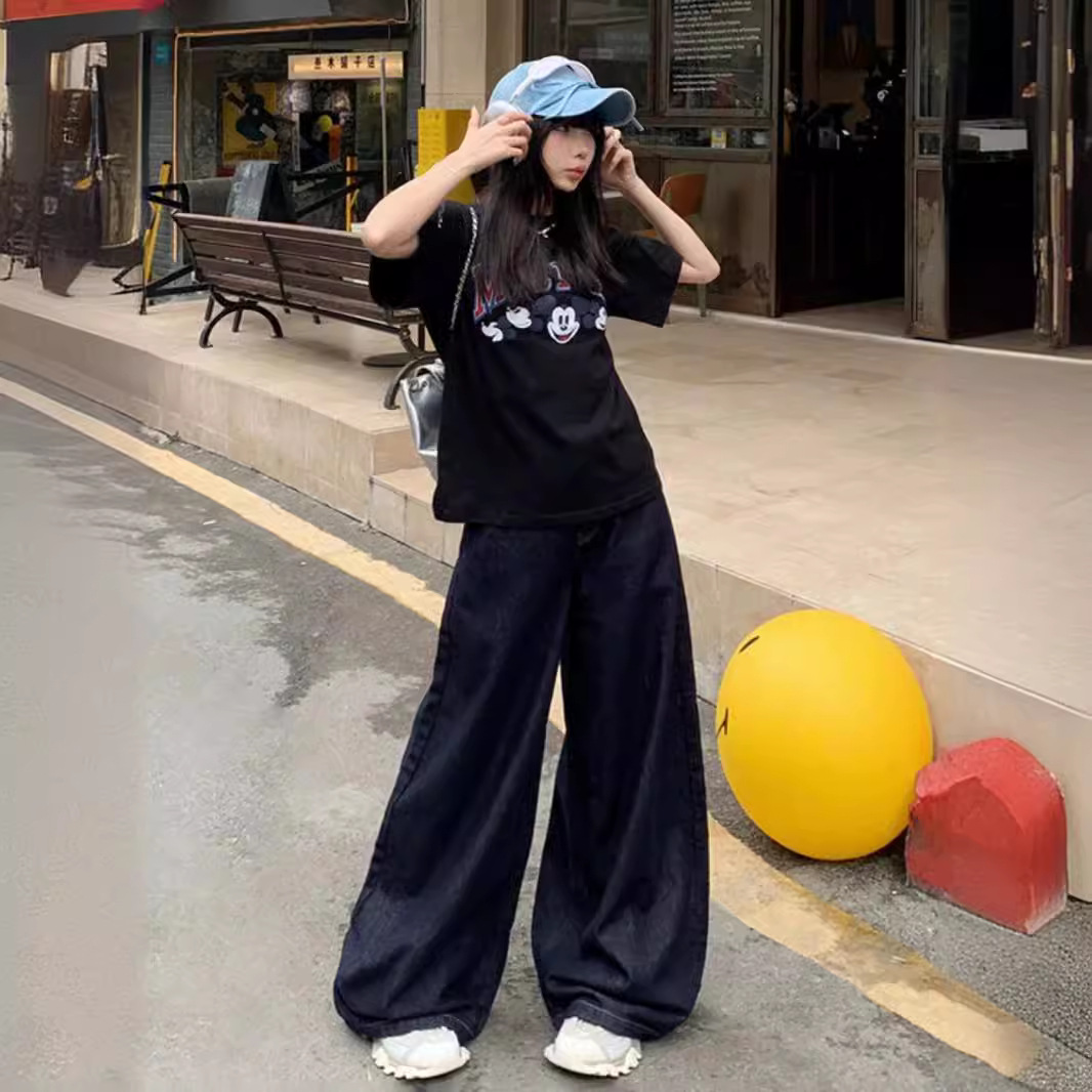 다크 블루 미국식 느슨한 와이드 레그 청바지 여성 2024 년 여름 새로운 딥 게으른 캐주얼 스트레이트 팬츠