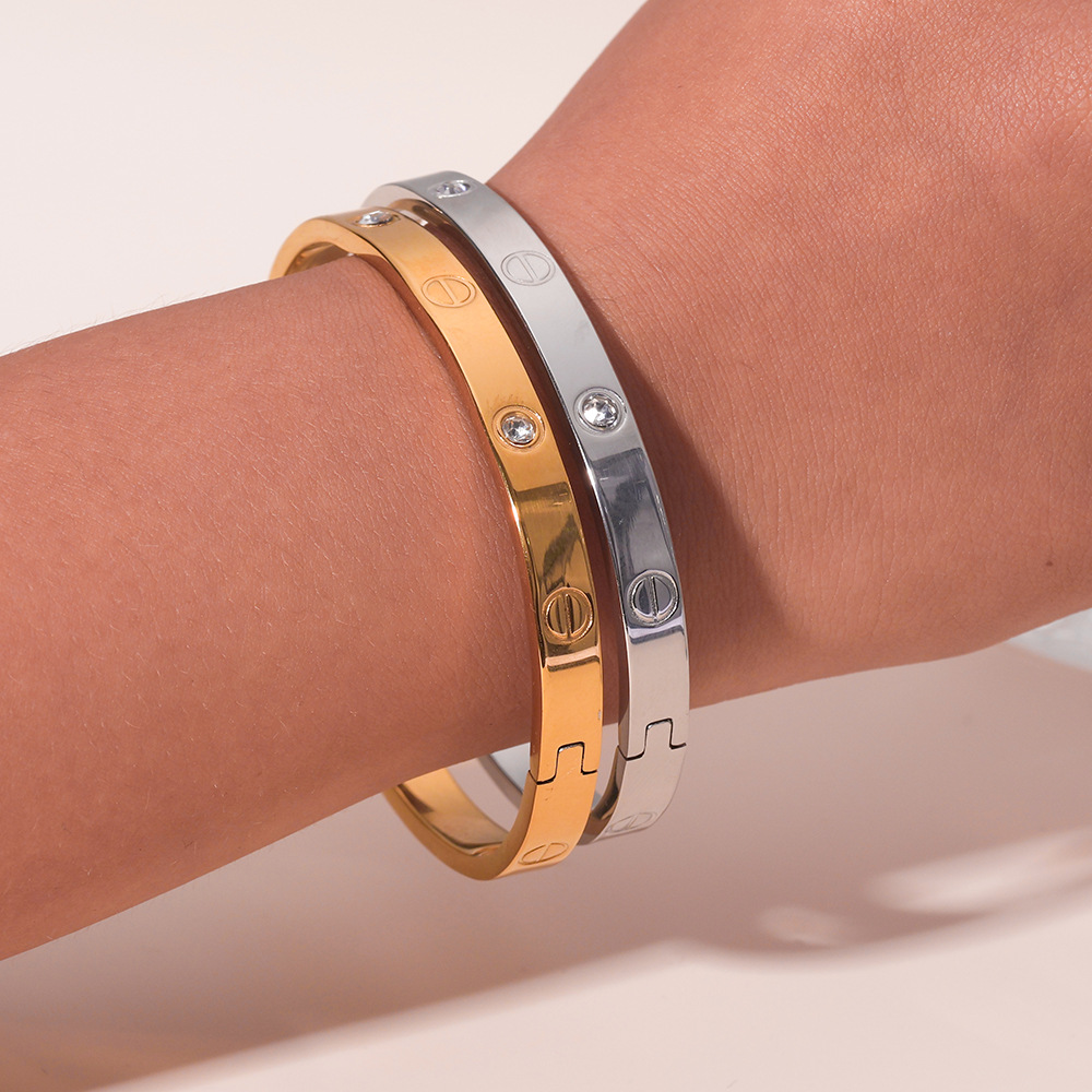 Pulsera de venta caliente de comercio exterior, tarjeta de acero inoxidable, un clavo, un diamante, espejo, pulido, pulseras de mujer de alta calidad, brazalete 18K