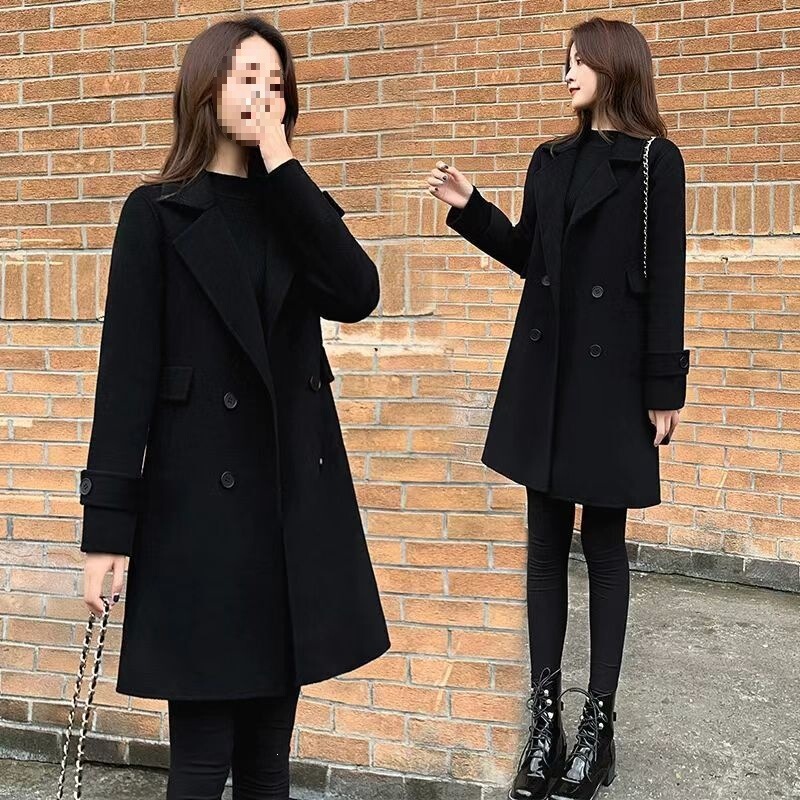 Women's black woolen coat, fashionable woolen overcoat for women, autumn and winter Korean style new model, mid-length for petite women Women's black woolen coat, fashionable woolen overcoat for women, autumn and winter Korean style new model, mid-length for petite women