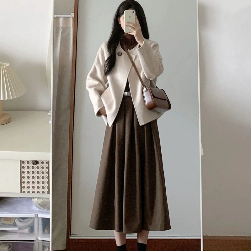 Женская весенняя одежда с полным набором темпераментных плащей шерстяной куртки бюстом юбка высокого уровня соли