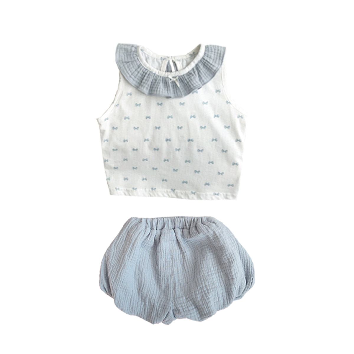 2025 traje de niña verano nuevo producto femenino estilo occidental linda ropa de protección solar chaleco con cuello de hoja de loto pantalones cortos de tres piezas