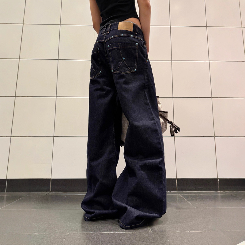 American Retro Denim Original Color Turquoise Scimitar Jeans for Men and Women New A-Line Straight Wide-Leg Pants Trendy Ins