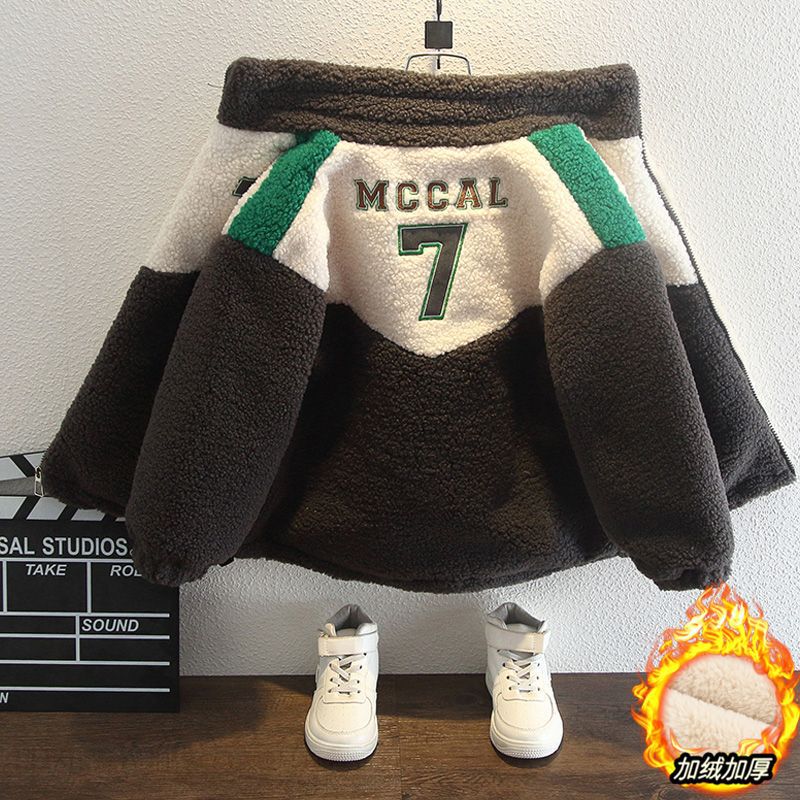 Boys' Fleece-Lined Jacket, Stylish Winter 2025 New Model, Baby Winter Clothing, Lamb Wool Children's Thickened Cotton Coat, Fur Sweater