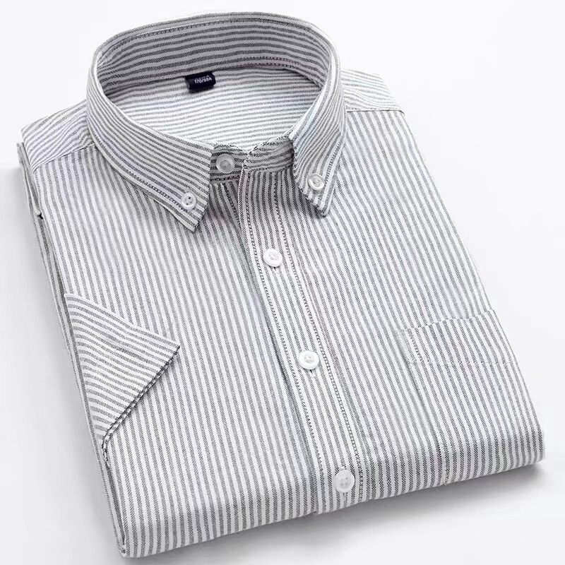 Summer Pure Cotton Vertical Stripesd Short-Sleeved Shirt Men's Washed Oxford Textile Business Casual Cotton Half-Sleeved Shirt Men's Clothing