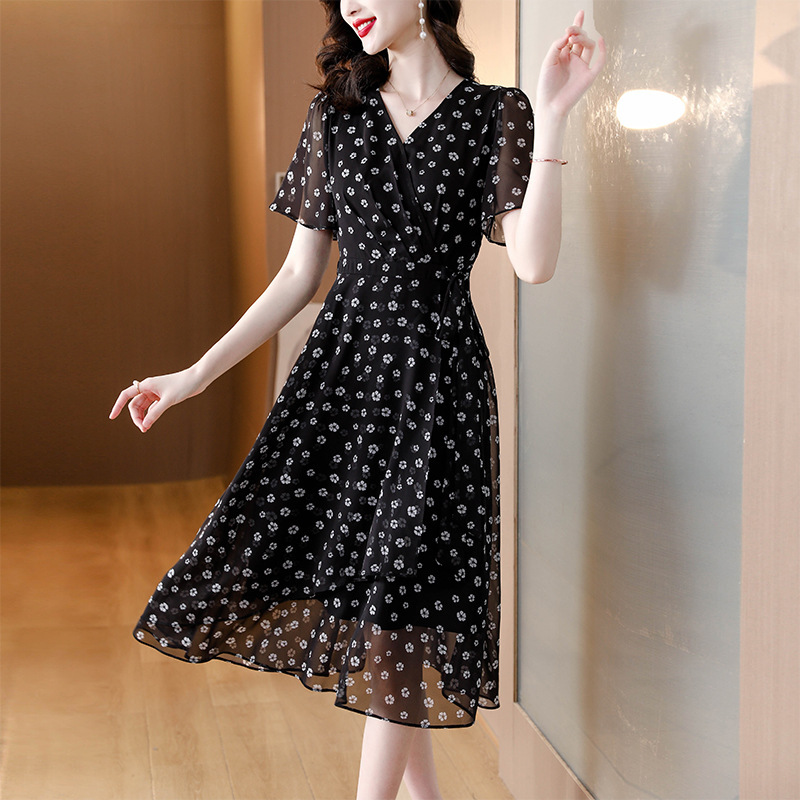 正品女装夏季新款碎花真丝雪纺连衣裙2024年收腰显瘦时尚气质裙子