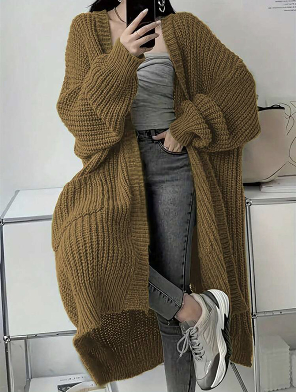 在庫ありの新しい秋と冬のレイジースタイルの女性用ロングセータージャケット、ゆったりと多用途のボトム長袖ニットカーディガン|undefined