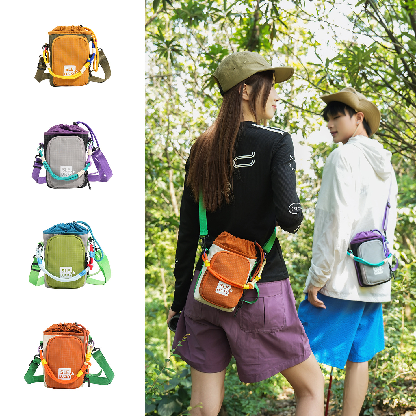 Cross-border dopamine color-blocking water bottle bag, mountain-style women's crossbody bag, lightweight crossbody bag for outdoor hiking with multiple compartments for mobile phones