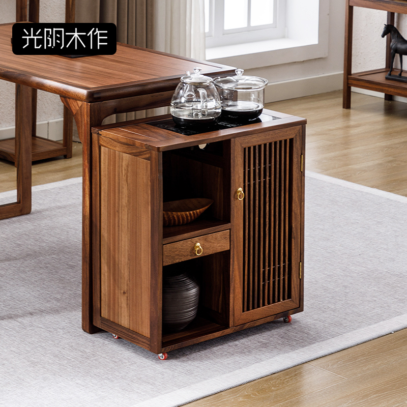 7t New Chinoiserie Walnut Mobile Tea Cabinet Water Kettle Integrated Household Tea Table Solid Wood Tea Cart Sofa Side