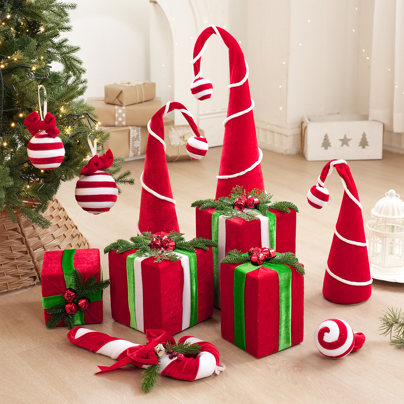 Decoración de Navidad rojo verde veludo adornos colgantes dulces árbol de Navidad vestido colgantes diseño de la escena de vacaciones