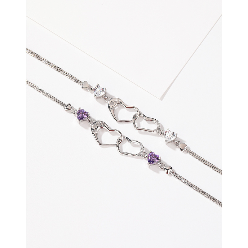 S925 plata esterlina diamante-incrustado doble amor pulsera mujer luz lujo nicho exquisito de alto grado temperamento todo partido pulsera para novia