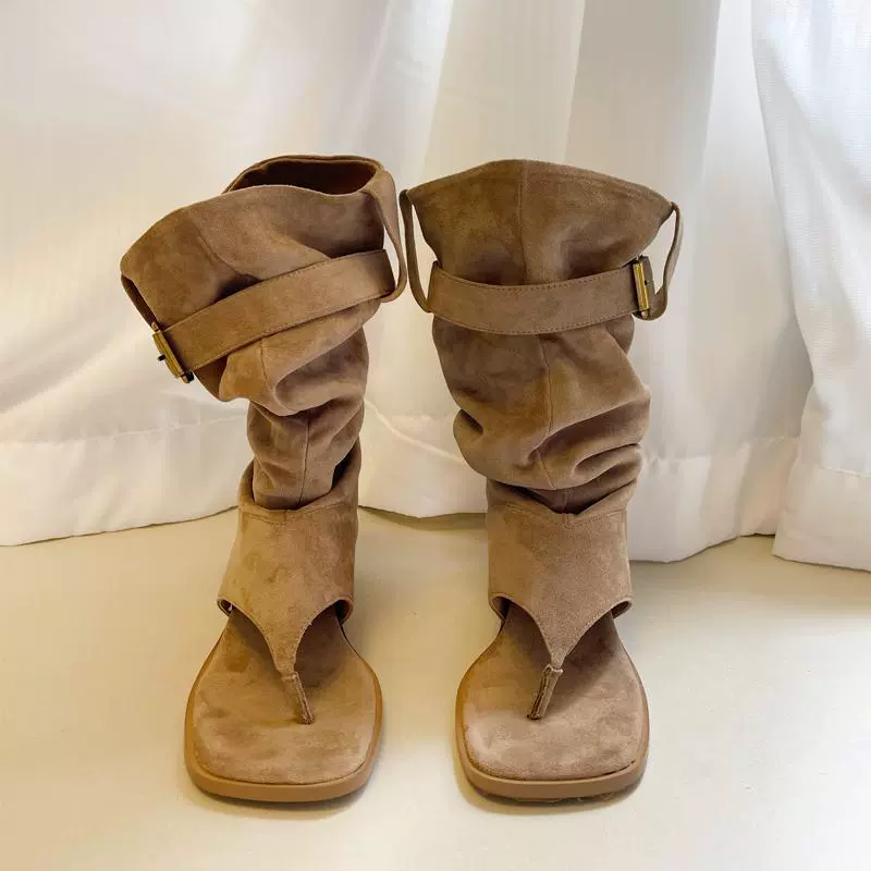 Summer apricot suede sandals, low boots