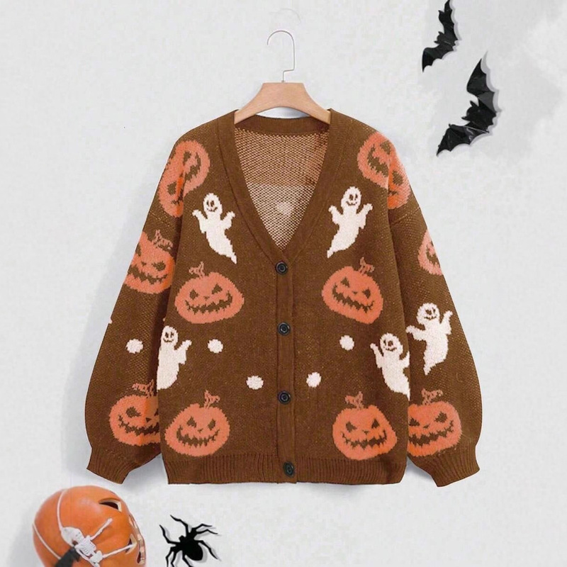 European and American Cross-Border 2025 New Halloween V Neck Loose Pumpkin Print Cardigan Thick Strip Sweater Jacket Amazon European and American Cross-Border 2025 New Halloween V Neck Loose Pumpkin Print Cardigan Thick Strip Sweater Jacket Amazon