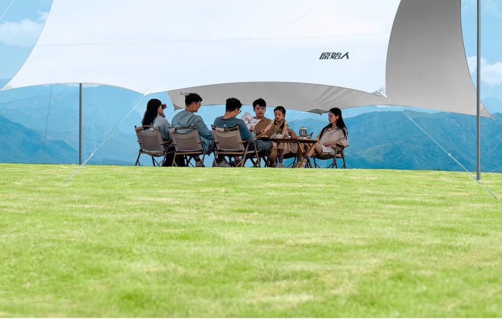 Primitive-style large outdoor tent with professional sun protection silver-coated canopy, beach sunshade, table and chairs for camping