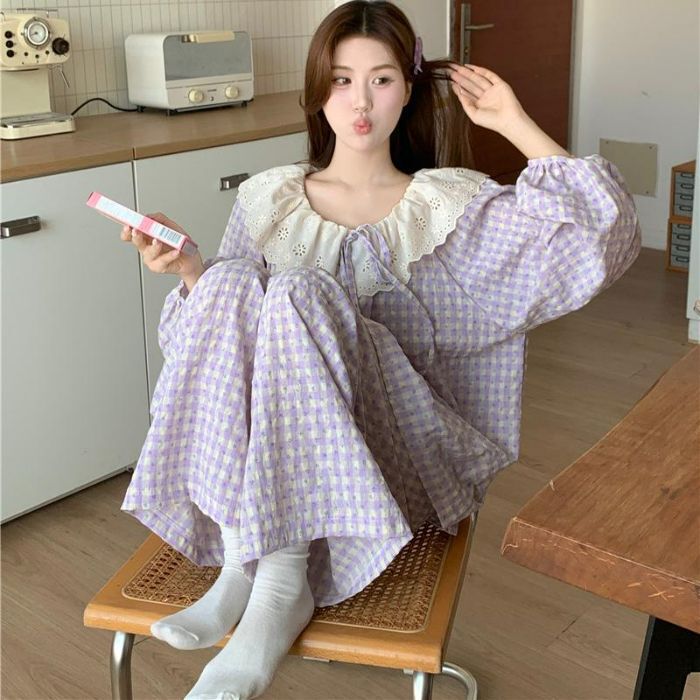 春秋天新款睡衣女长袖宽松慵懒云朵棉家居服花边学生甜美套装跨境|undefined