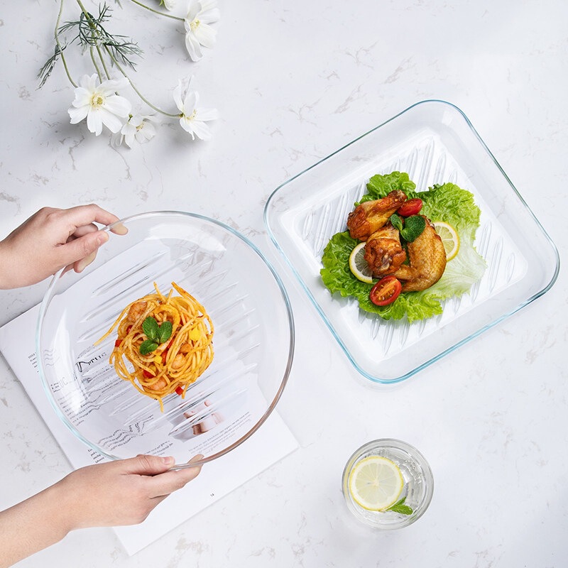 Harmony Home Tempered Heat-Resistant Glass Round Striped Dinner Plate Square Baking Dish Microwave Oven Safe Plate for Home Use Harmony Home Tempered Heat-Resistant Glass Round Striped Dinner Plate Square Baking Dish Microwave Oven Safe Plate for Home Use